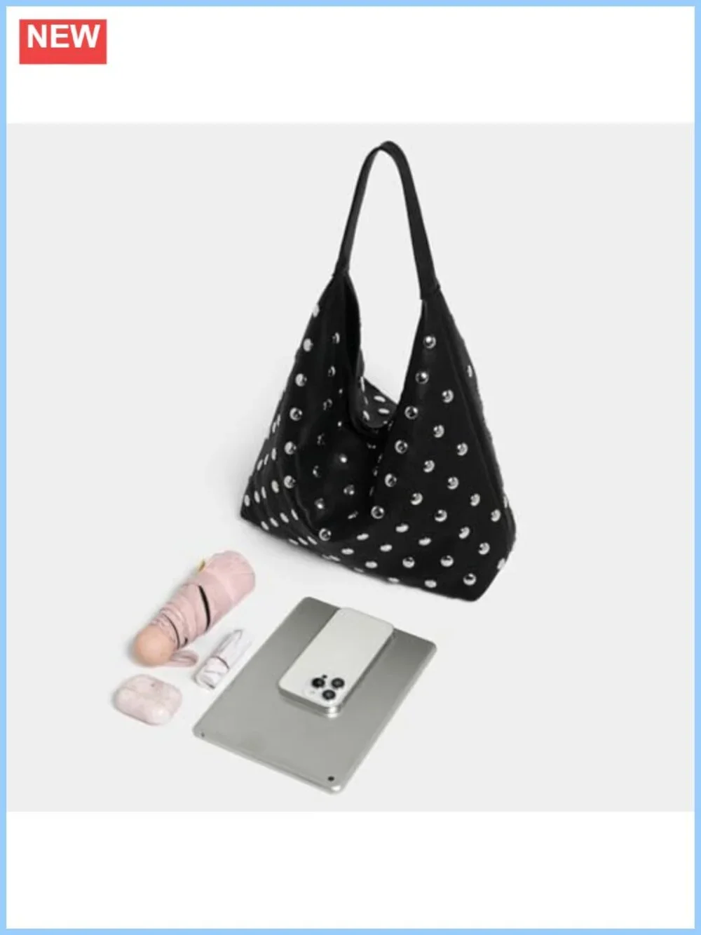 Vegan Leather Studded Hobo Tote Bag Hand-Embellished Slouchy Purse